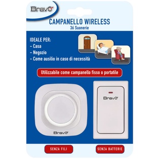 CAMPANELLO WIRELESS BRAVO MODELLO CAMPWI CON SPINA 220V E  PULSANTE ESTERNO A RICARICA CINETICA 