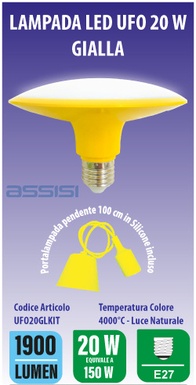 LAMPADA LED TIPO UFO 20W 4000K GIALLO C/PENDEL SILICONE INCL. MED