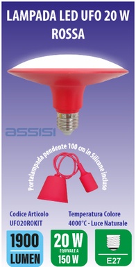 LAMPADA LED TIPO UFO 20W 4000K ROSSO C/PENDEL SILICONE INCL. MED
