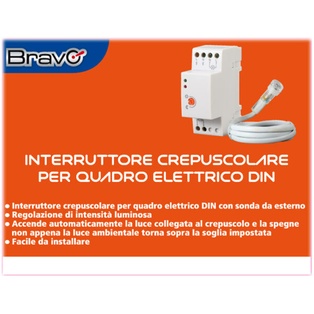 INTERRUTTORE CREPUSCOLARE BRAVO MODELLO INTERRUTTORE CREPUSCOLARE DA QUADRO ELETTRICO DIN E SONDA ESTERNA SI COLLEGA QUANDO LA LUCE AMBIENTE SCENDE 