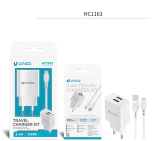 CARICATORE UNICO DA RETE BIANCO 2 PRESE USB-A 2.4A CON CAVO USB-A A USB-C 100CM