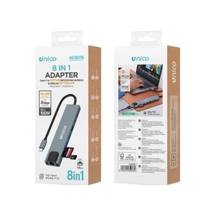 ADATTATORE UNICO 8IN1 DA SPINA USB-C A PRESE HDTV 4K , PD100W , USB-C , USB-A 2.0 , USB-A 3.0 , SD CARD , TF CARD , RJ45