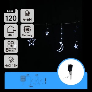 CATENA LUMINOSA SOLARE CON LUCI A LUNA E STELLE, LUCE FREDDA, 3M+3M*0.6M 12STR