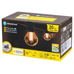 CATENA LUMINOSA SOLARE G50 CON LUCI TONDE BIANCHE, LUCE CALDA, 10M