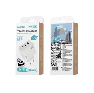 CARICATORE UNICO DA RETE 2 PORTE USB-C E 1 PORTA USB -A POWER DELIVERY 65W TUV-GS BIANCO 