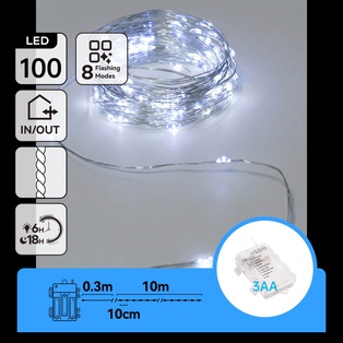 CATENA LUMINOSA A BATTERIA 3AA CON FILO IN RAME, LUCE FREDDA, 10M, IP44, INTERNO/ESTERNO