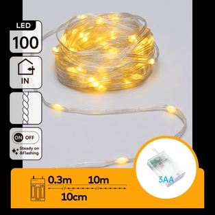 CATENA LUMINOSA A BATTERIA 3AA CON FILO IN RAME E PVC, LUCE CALDA, 10M, IP20 INTERNO