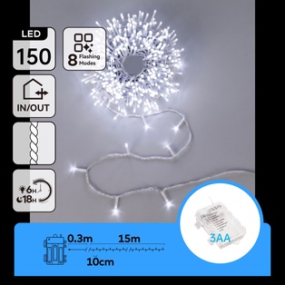CATENA LUMINOSA A BATTERIA 3AA CON LUCI A TESTA PIATTA, LUCE FREDDA, 15M, IP44, INTERNO/ESTERNO
