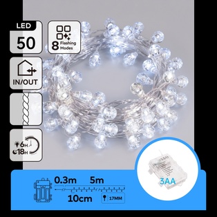 CATENA LUMINOSA A BATTERIA 3AA CON LUCI TONDE TRASPARENTI, LUCE FREDDA, 5M, IP44, INTERNO/ESTERNO