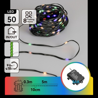 CATENA LUMINOSA A BATTERIA 3AA CON FILO IN RAME E PVC, RGBY, 5M, IP44, INTERNO/ESTERNO