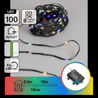 CATENA LUMINOSA A BATTERIA 3AA CON FILO IN RAME E PVC, RGBY, 10M, IP44, INTERNO/ESTERNO