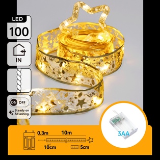 CATENA LUMINOSA A BATTERIA 3AA NASTRO DORATO CON PUNTALE A STELLA 100 LED 10M LUCE CALDA