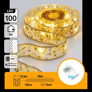 CATENA LUMINOSA A BATTERIA 3AA NASTRO DORATO 100 LED 10M LUCE CALDA