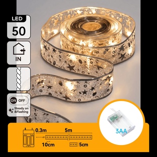 CATENA LUMINOSA A BATTERIA 3AA NASTRO ARGENTATO 50 LED 5M LUCE CALDA