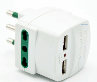 ADATTATORE SPINA 16A 2PR.BIP. 10/16A +2USB BIANCO MED