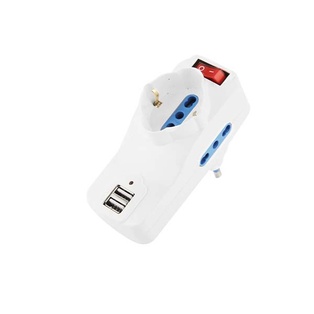 ADATTATORE CIVILE CON INTERRUTTORE 1 SPINA GIREVOLE 2P+T 16A S17 - PRESA BIPASSO/SCHUKO - 2 BIPRESE 2P+T - 2P 17/11 -P30 +T 2 PRESE USB