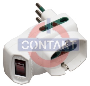 ADATTATORE CIVILE CONTAKT INTERRUTTORE DI SICUREZZA SPINA 2P+T 10A S11 + 2 BIPRESE 2P+T P17/11 + 1 PRESA SCHUKO P30  +1500W BIANCO