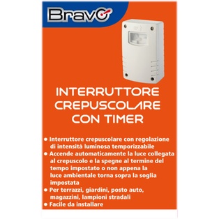 SENSORE CREPUSCOLARE BRAVO CON TIMER MODELLO INTERRUTTORE CREPUSCOLARE CON TIMER DA ESTERNO SI COLLEGA QUANDO LA LUCE AMBIENTE SCENDE CON TIMER DI SPEGNIMENTO 